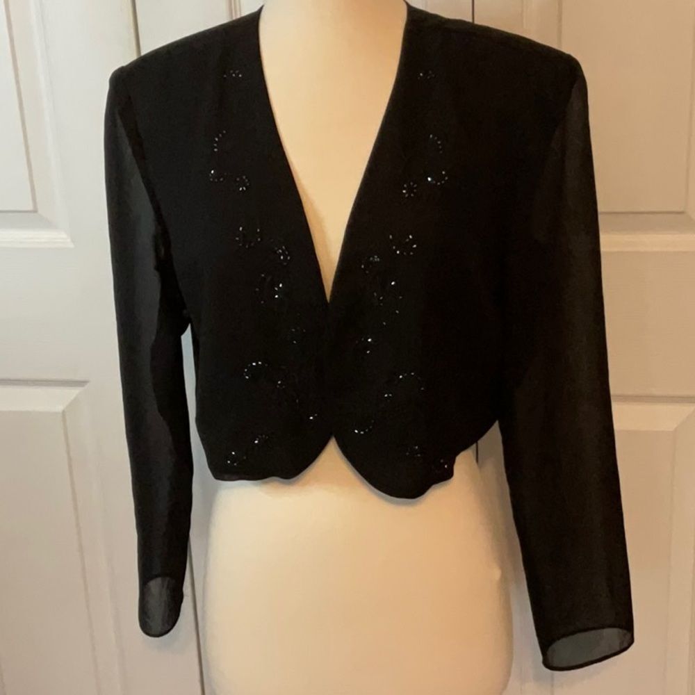 R & K Originals Blazer Jacket Coverup Black Sheer Sleeves Size 12